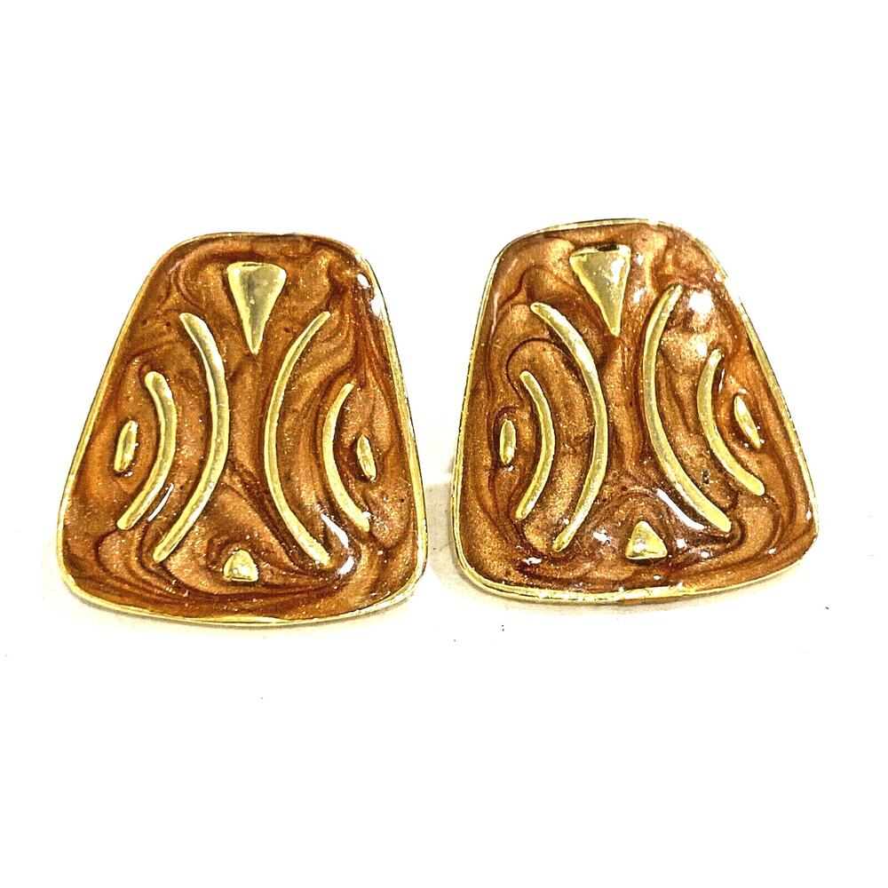 Vintage Y2K Pierced Earrings Geometric Gold & Coppery Brown Enamel Career Casual